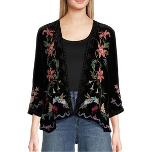 Johnny Was Floral Embroidered Silk blend Cropped Black Kimono nwt size xs